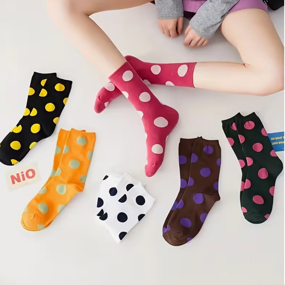 6 Pairs Women's Cotton Colorful Polka Dot Socks Purple Pink Pastel Green Black